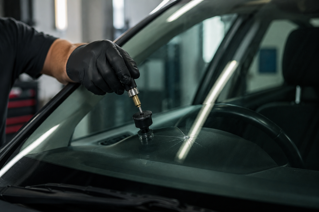 Stenskottslagning av vindruta på Auto-Älgens verkstad i Viken